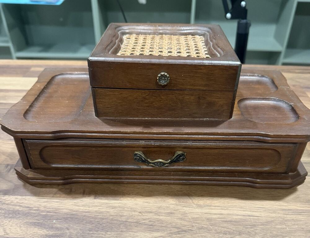 VTG Bombay Company Wooden Jewelry Box Hinged Lid Drawer Valet Organizer